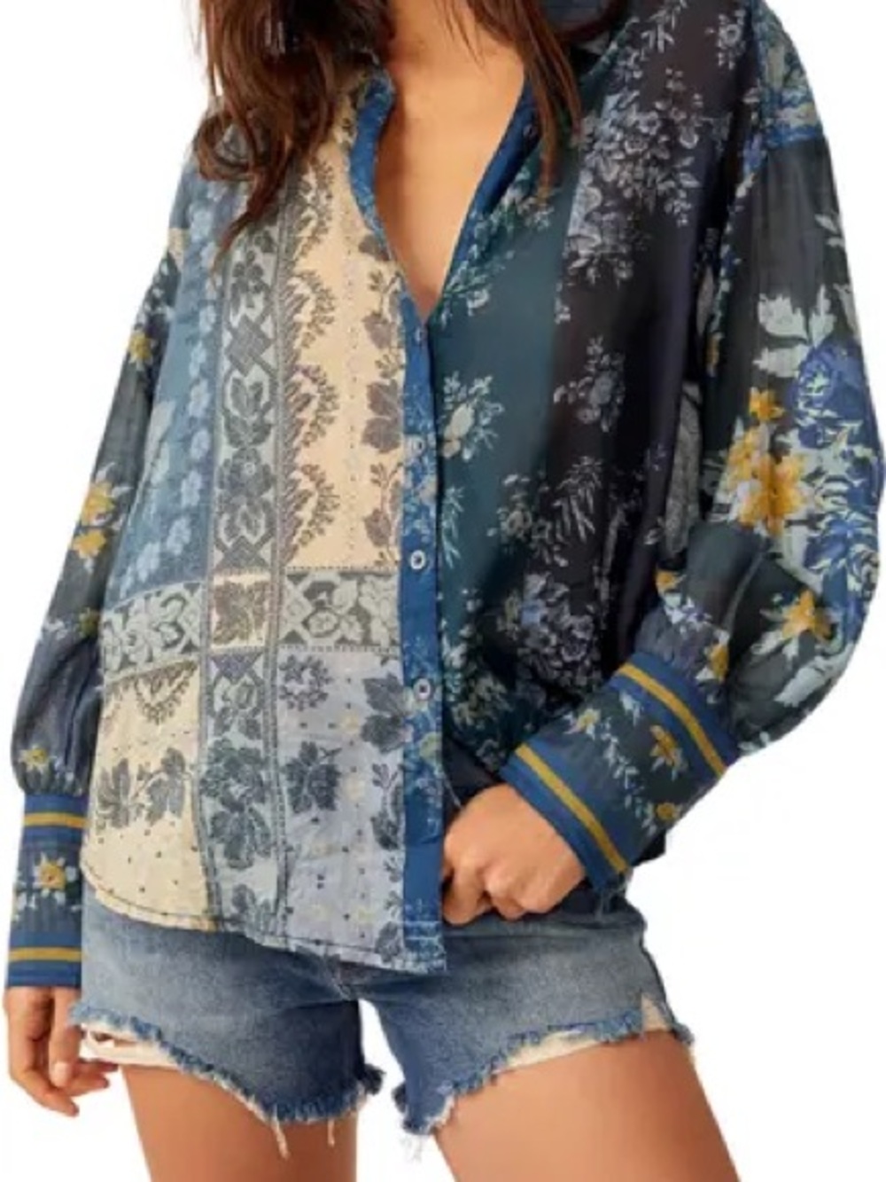 We the free Blue Patchwork Floral Button-Down Blouse